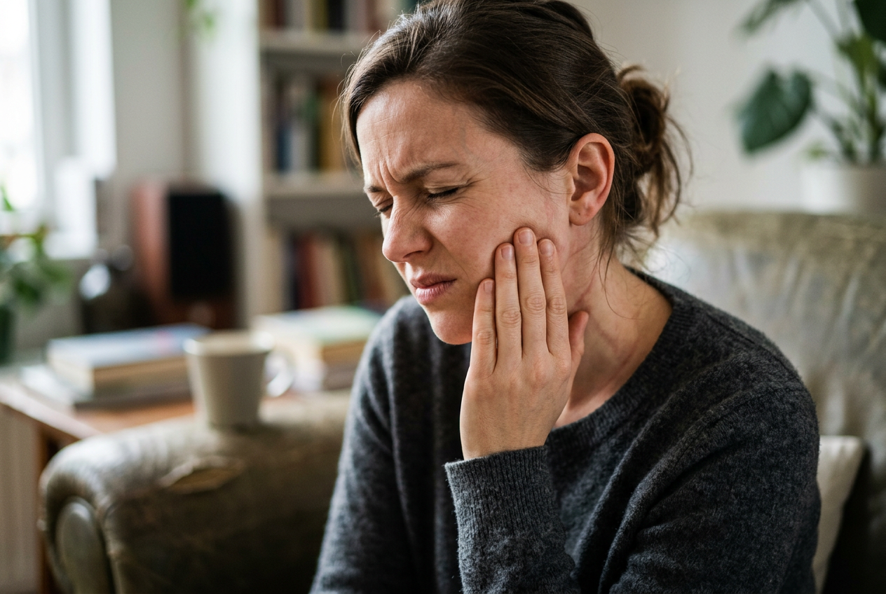 Person sitting on a couch, touching their cheek with a pained expression in a home living room.