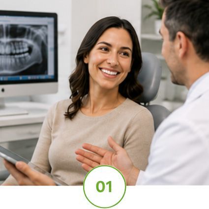 Dentist consulting with patient in a modern clinic, with dental X-ray displayed on a monitor.