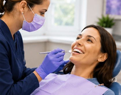 Dentist in purple gloves examining a smiling patient in a dental chair