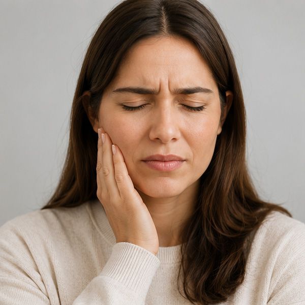 Woman in a beige sweater holding her cheek with eyes closed, showing facial pain.