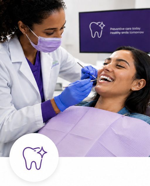 Dentist in purple gloves treating a smiling patient with purple bib in a dental clinic