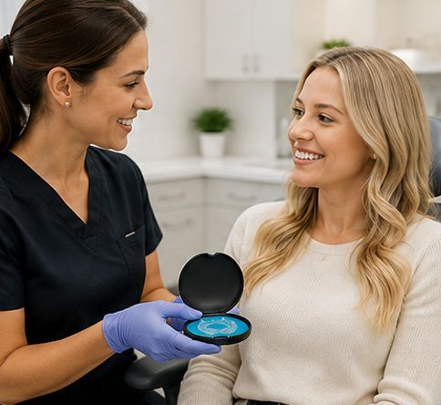 Dentist showing a blue cosmetic case to a smiling patient in a bright clinic