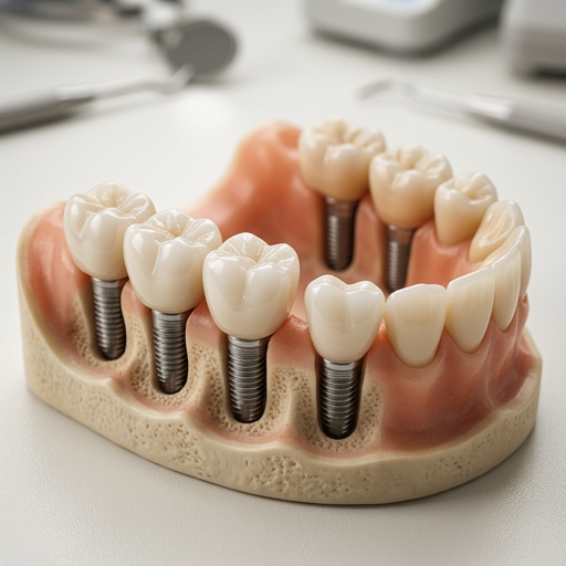 Dental implant model with beige gums and white crowns on a beige base