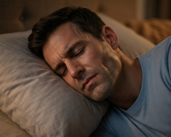 Sleeping man resting on a pillow, wearing a blue shirt in a dimly lit room