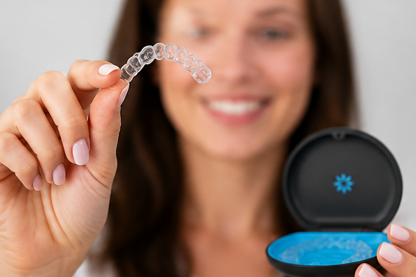 Woman holding a clear dental aligner and open blue case, smiling in the background