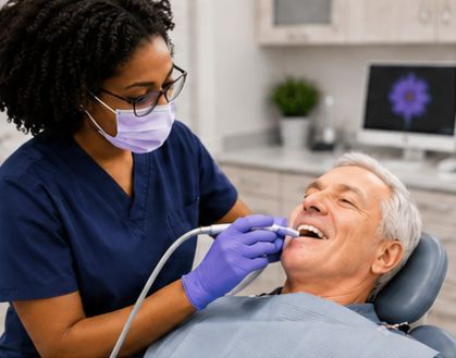 Dental hygienist cleaning a patient’s teeth in a clinic, with both wearing masks and gloves.
