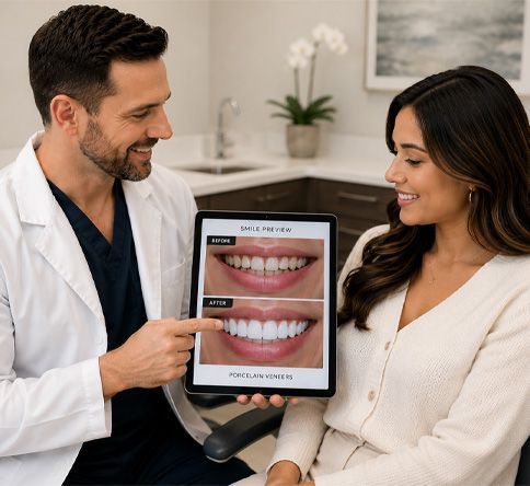 Dentist showing dental treatment results on a tablet to a smiling patient in a clinic