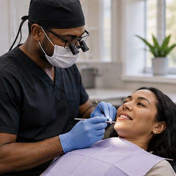 Dentist examining a smiling patient with dental tools in a clinic chair