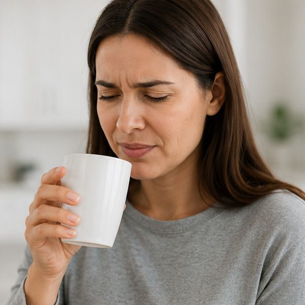 Woman grimacing while holding a white mug near her face indoors