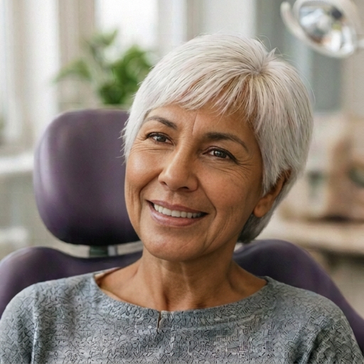 Smiling person with short white hair seated in a purple chair, wearing a gray sweater.