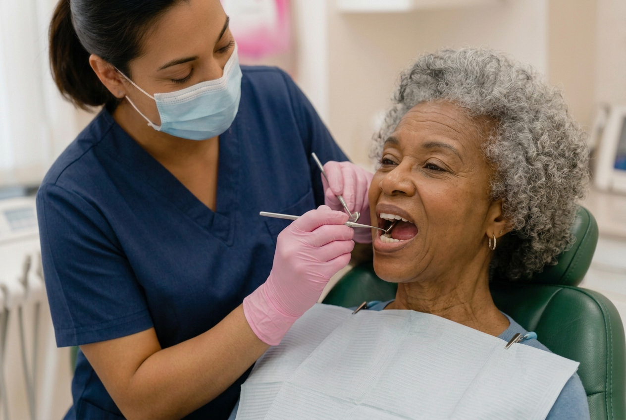 Dentist examining a patient’s mouth with a dental tool in a clinic, both wearing masks and gloves