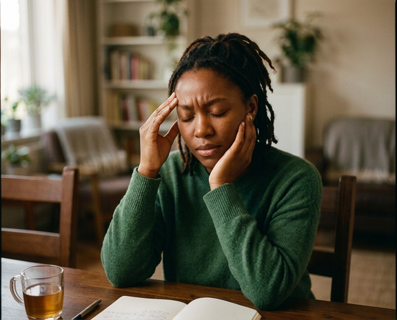 Person sitting at a table, holding their head with eyes closed, looking stressed beside an open book and drink.