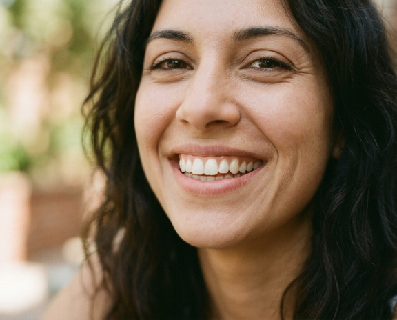 Smiling woman outdoors with dark hair, close-up portrait against a blurred background