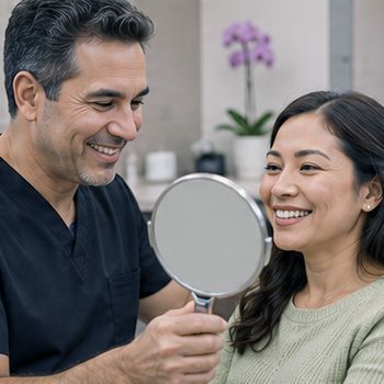 Dentist showing a smiling patient a mirror in a clinic, with an orchid in the background