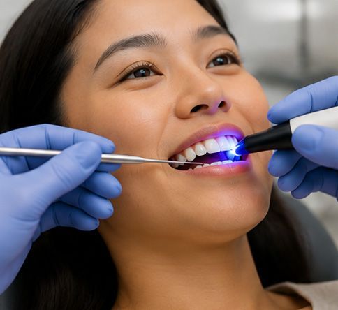 Dentist whitening a patient’s teeth with blue curing light and dental tools