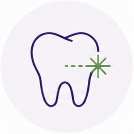 Purple outlined tooth icon with a green dashed line and starburst on a pale background