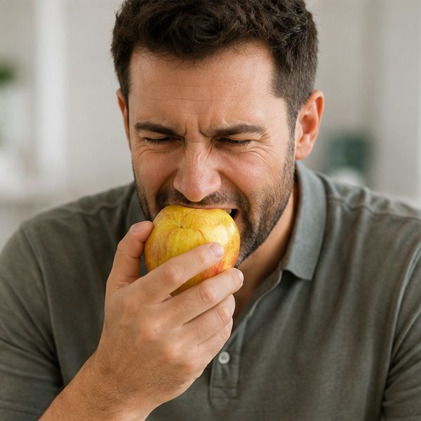 Man biting a yellow apple with a pained expression indoors
