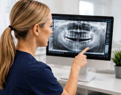 Dentist pointing at a digital panoramic dental X-ray on a monitor in a clinic