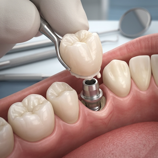 Dental implant crown being placed into a gum row with gloved hands and metal tools