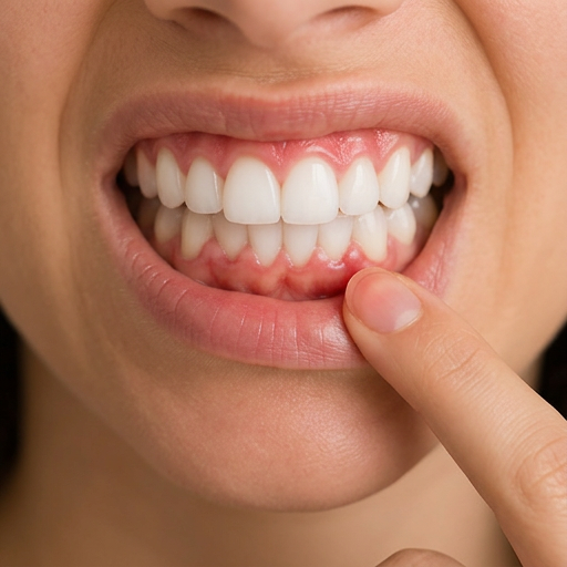Close-up of a mouth showing misaligned teeth with red gums and a finger pulling down the lower lip
