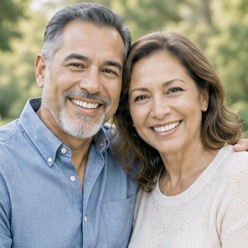 Smiling couple in blue and cream sweaters, standing close outdoors in a soft green setting