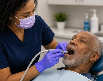 Dental clinician in navy scrubs and gloves working on a seated patient in a clinic