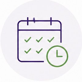 Purple calendar with green check marks and a green clock icon, suggesting scheduling or reminders