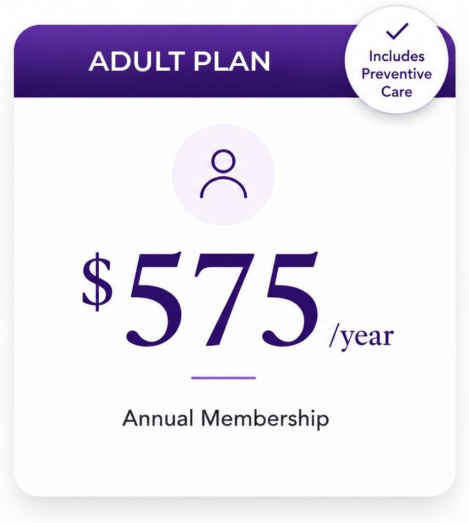 Adult plan annual membership, $575/year, purple and white, includes preventive care.