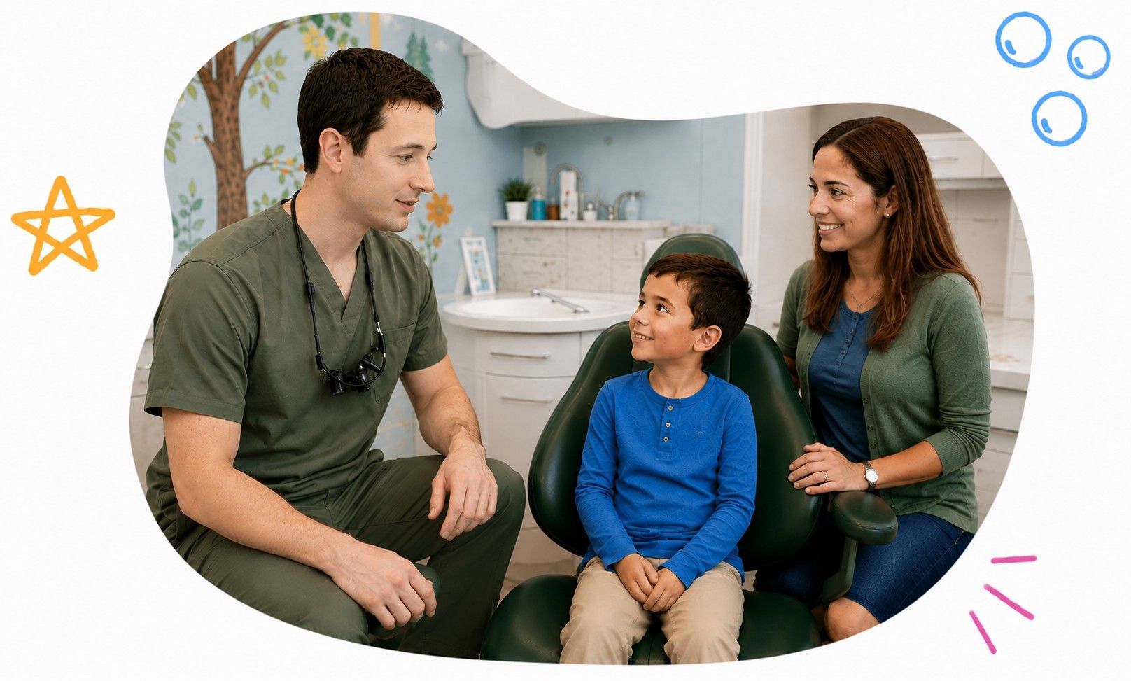 Doctor talking with a child and parent in a clinic, with playful doodles around the photo.