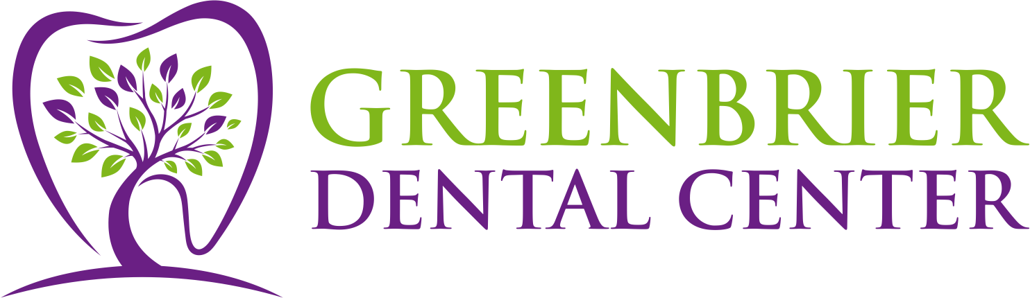Green and purple Greenbrier Dental Center logo with a stylized heart-shaped tree and roots