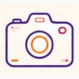 Simple line-art camera icon in purple, orange, and pink on a white background