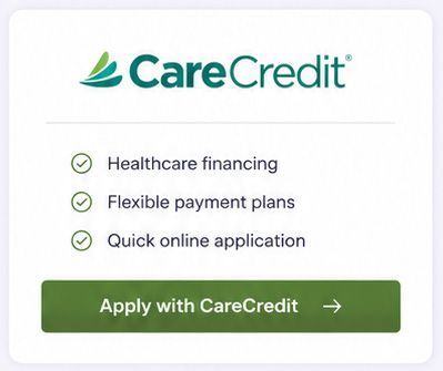 CareCredit promo card with healthcare financing, flexible plans, quick online application, and green apply button