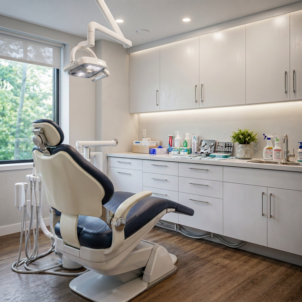 Dentist chair in a clean, modern exam room with cabinets, tools, and a large window.