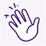 Purple outlined waving hand icon with motion lines on a white background