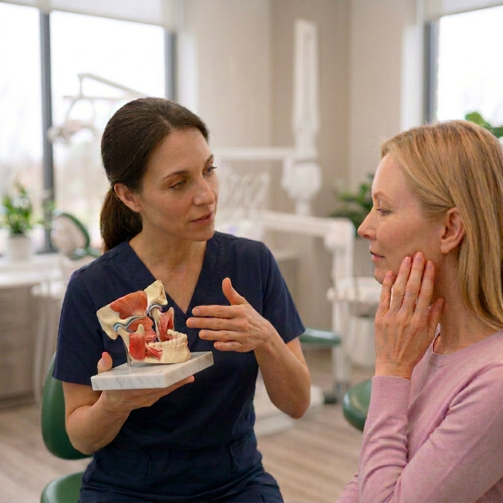 Nurse explains a model to a patient in a clinic room while holding a heart diagram.