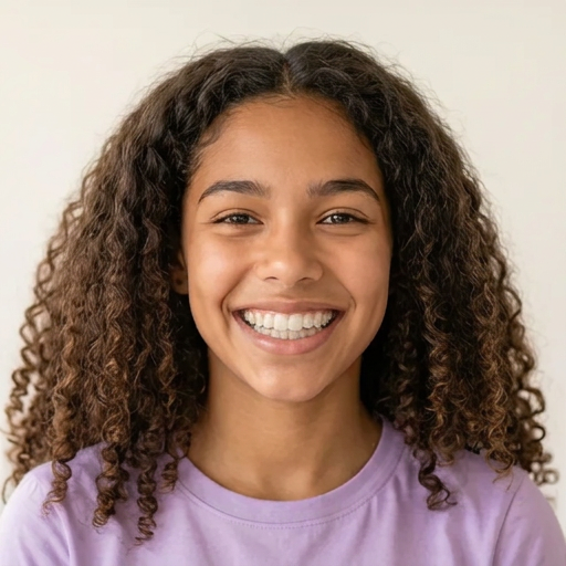 Smiling person with curly hair wearing a lavender shirt against a light background