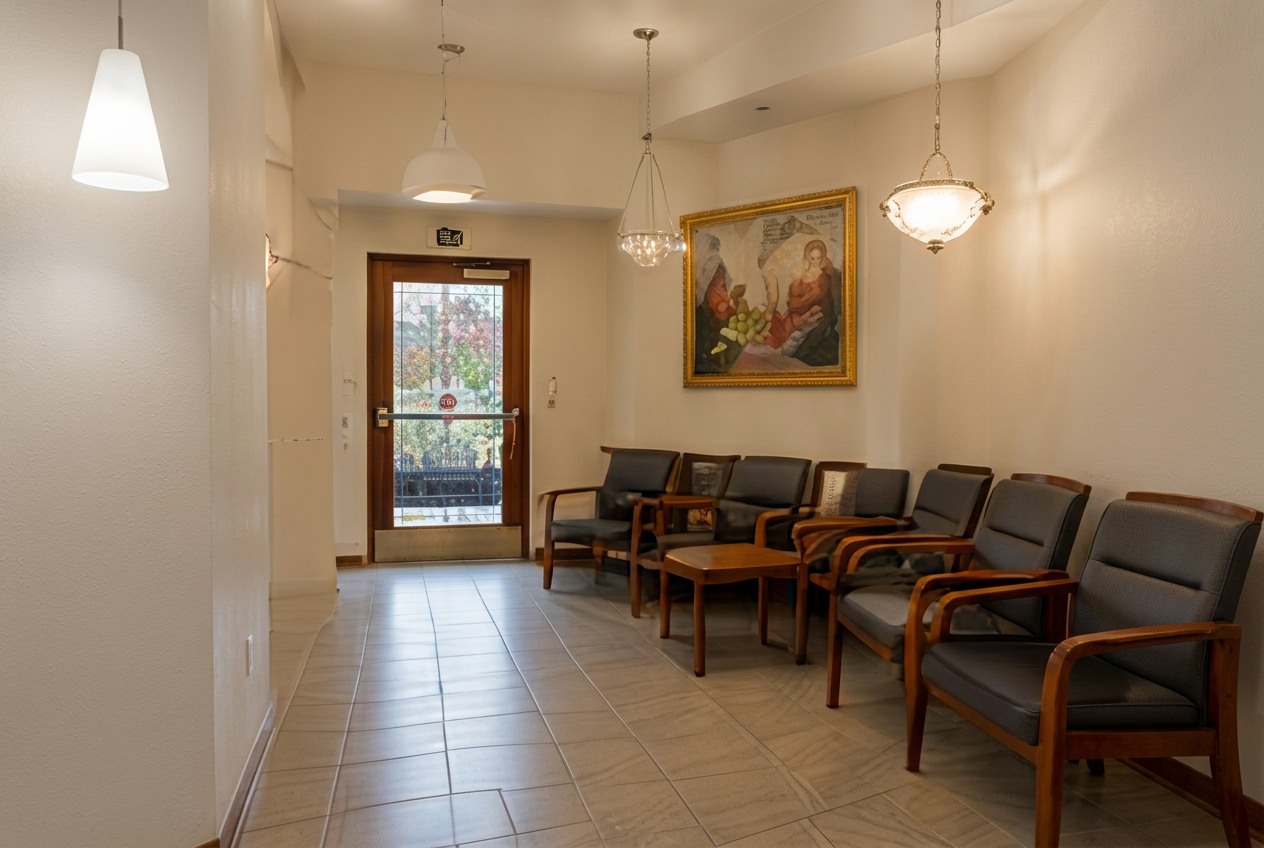 Empty waiting room with tiled floor, pendant lights, gray chairs, and a door with stained glass.