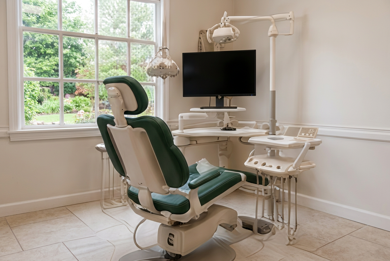 Modern dental exam room with mint-green chair, monitors, and large window