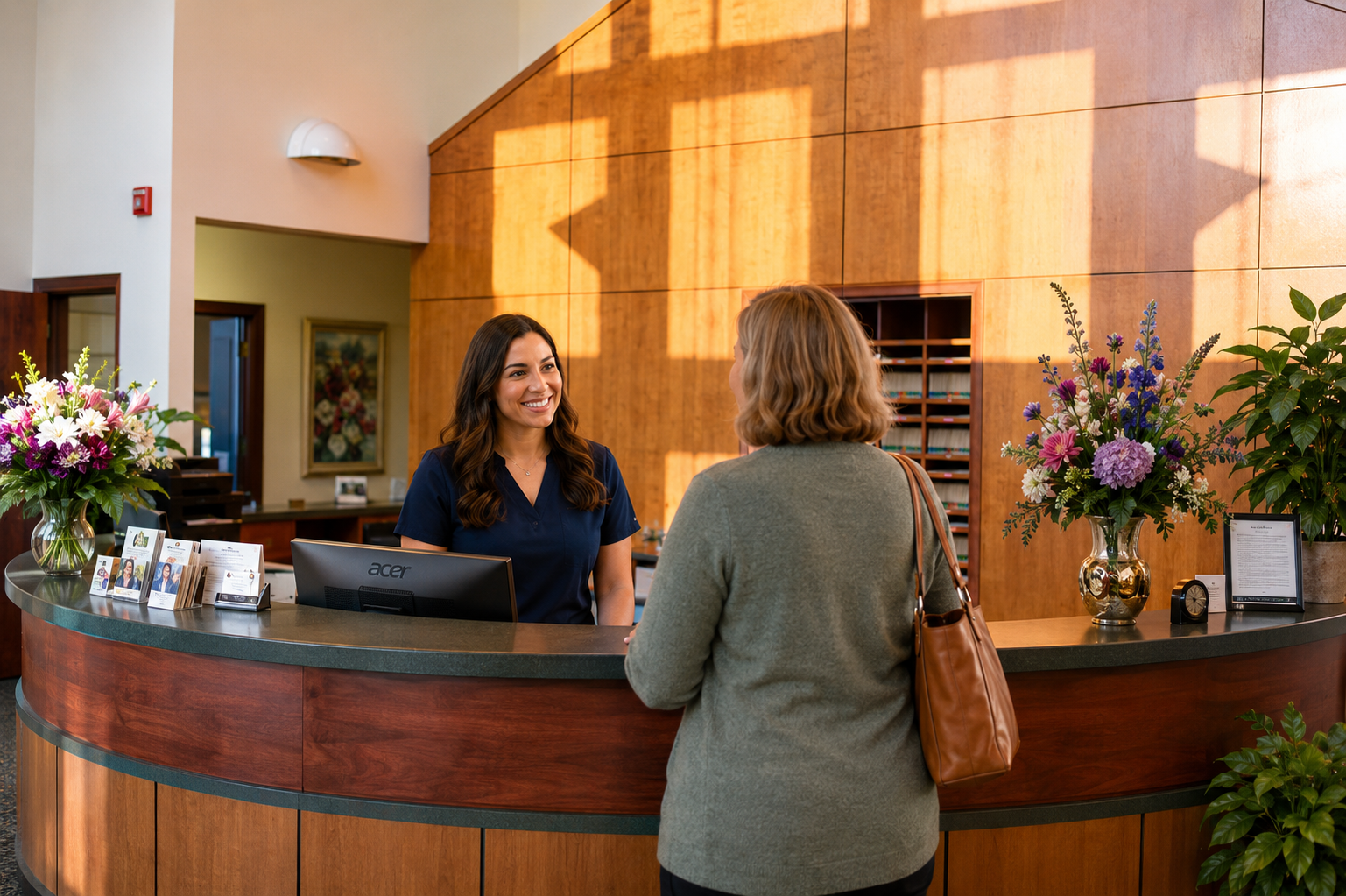 Hotel reception desk with a smiling clerk assisting a guest in a sunlit lobby