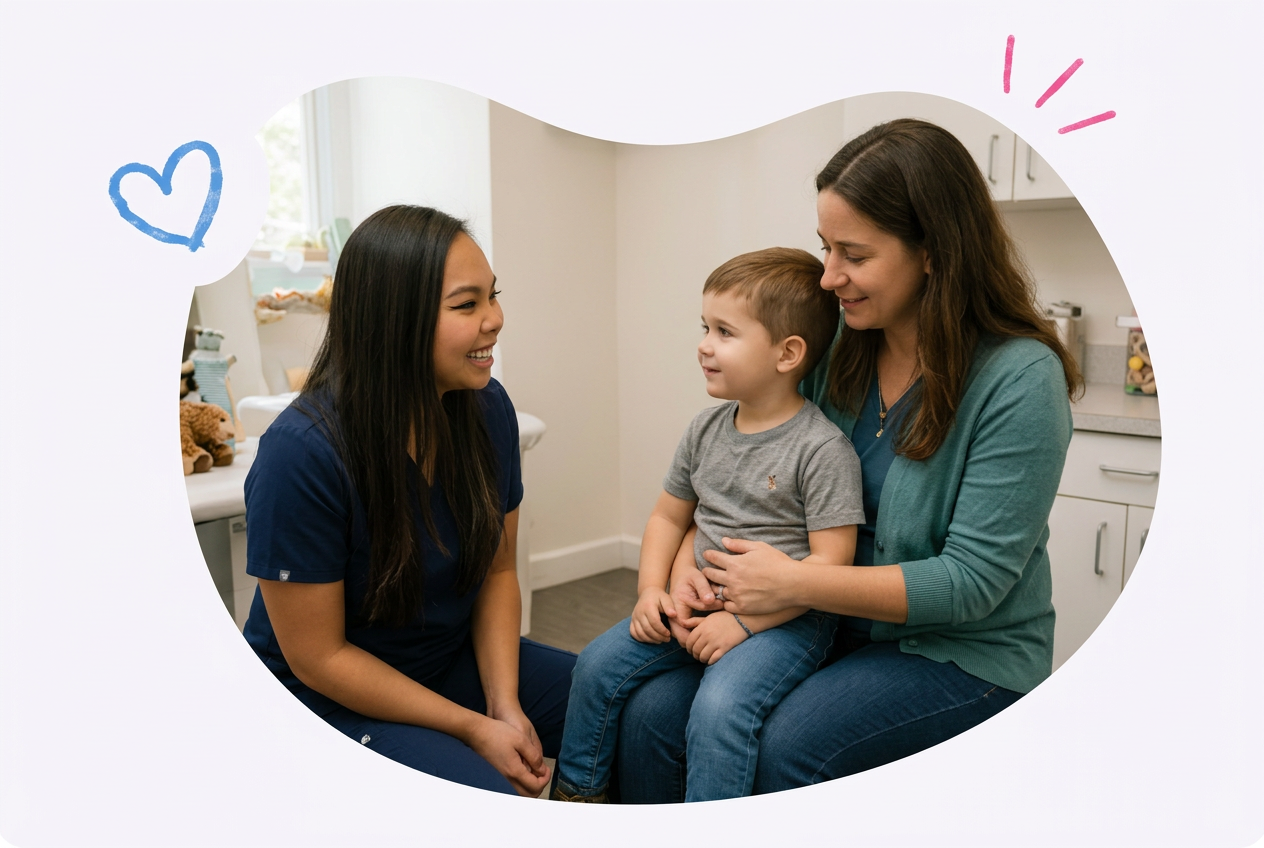 Woman and child talking with a clinician in a bright office, with a blue heart doodle beside them.