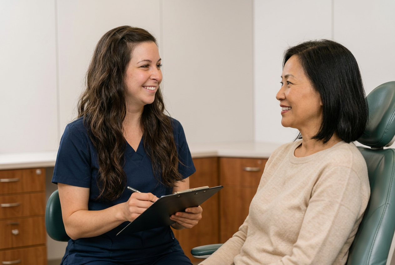 Two people talking in an office, one holding a tablet and smiling while seated in a chair