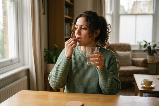 Person sitting on a couch, touching their cheek with a pained expression in a home living room.