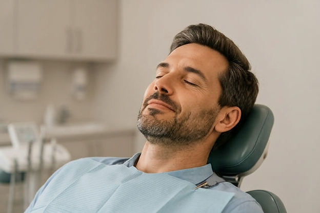 Relaxed man reclining in a dental chair, eyes closed, wearing a light blue bib in a clinic.