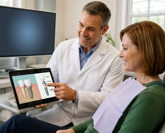 Dentist showing a dental implant diagram on a tablet to a patient in a clinic