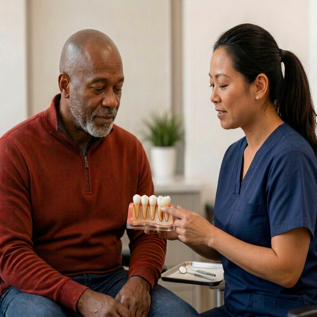 Dental professional showing a tooth model to a seated patient in a clinic.