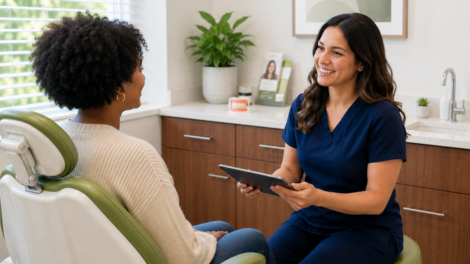 Two people talk in a clinic office, one holding a tablet, with a plant and cabinet in the background.
