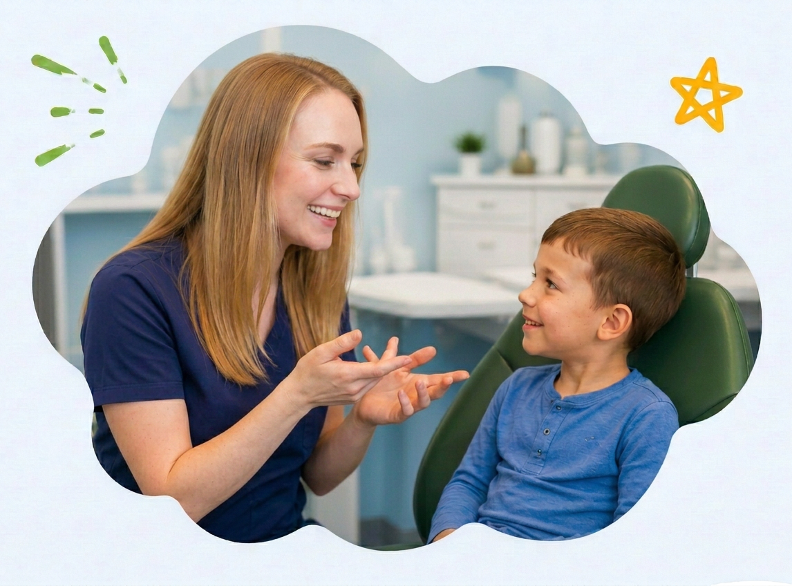 Therapist and child smiling during a seated conversation in a bright office