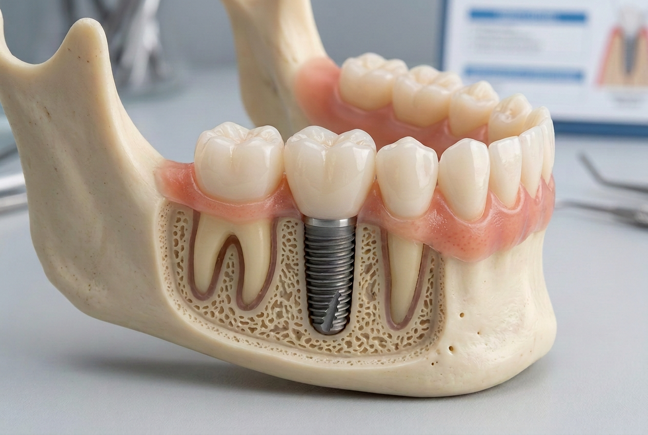 Dental model showing a jaw with teeth and a metal implant cutaway