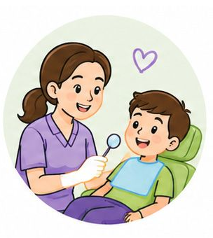 Smiling dentist examines a child in a chair, with a purple heart in the background.