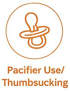 Orange pacifier icon in a circle with text “Pacifier Use/Thumbsucking”